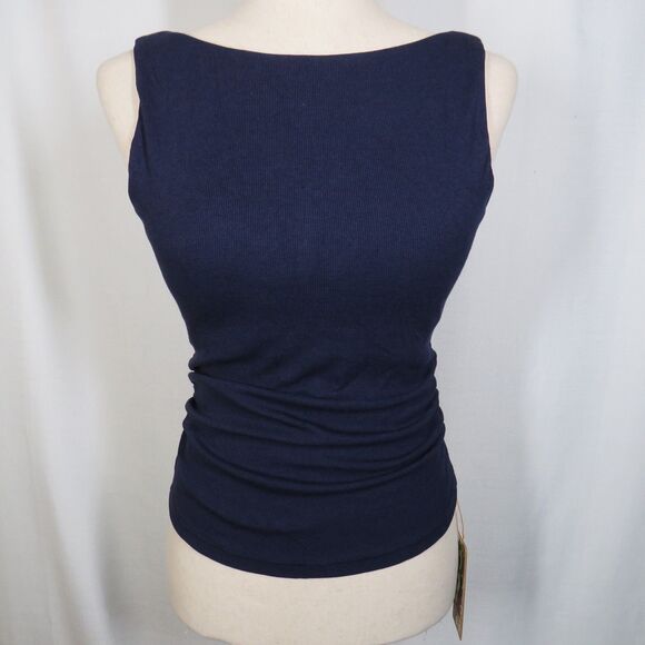 OGL Plantive Navy Ribbed Ruched Boat Neck Low Back Padded Bra Brami Tank Medium - Picture 11 of 11
